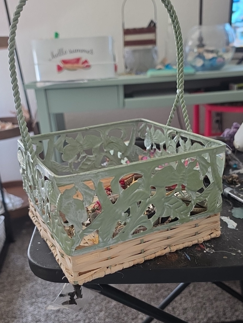 Woven Basket with Green Metal Floral Trim - Home Accents